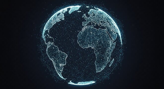A glowing digital representation of planet Earth, composed of countless tiny blue particles and lines, set against a dark background.