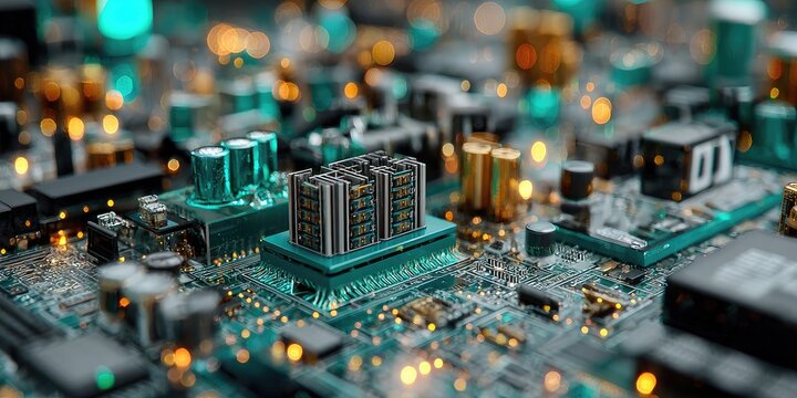 Close-up of intricate circuit board with glowing components - Powered by Adobe