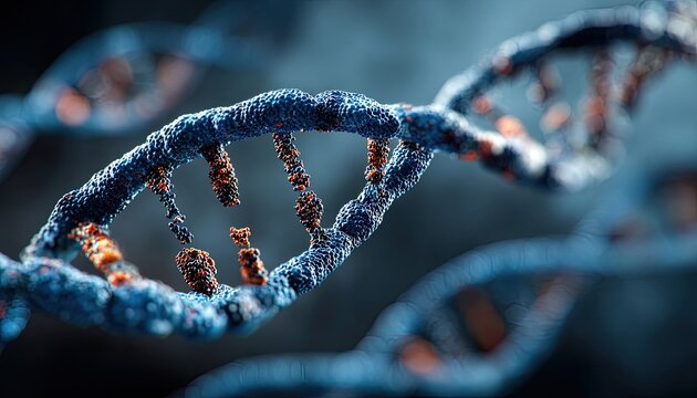 Close-up of damaged DNA helix.  Rusty, dark blue strands