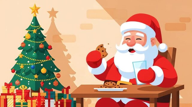 Santa claus eating cookies and milk on christmas eve