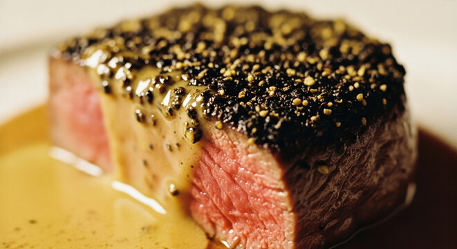 Tender Steak au Poivre with Cracked Peppercorn Crust and Creamy Cognac Sauce for Gourmet Fine Dining Lovers
