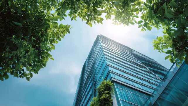 Sustainable green building features eco-friendly architecture and innovative design elements in a vibrant urban environment during bright daylight