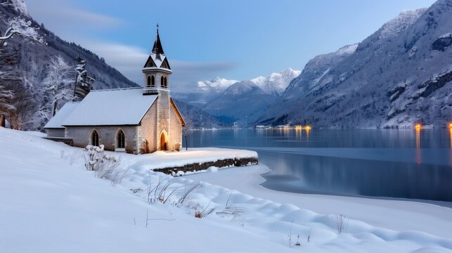 Small church illuminating snowy landscape at Weissensee lake in Austria