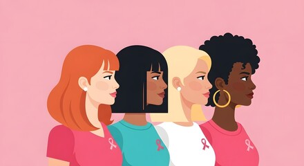 World Cancer Day Diverse women united for breast cancer awareness, wearing pink ribbons to support the cause of breast cancer