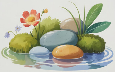 Serene Still Life of Stones, Moss, and Flowers in Water A Tranquil Composition of Natural Elements Reflecting Peace and Harmony in a Minimalist Style