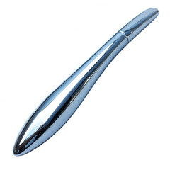 A single shiny metallic elongated teardrop shaped object with a pointed end isolated on transparent background