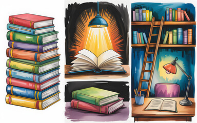 Stacked Books and Reading Nook Still Life A Literary Composition with Books, Lamp, Ladder, and Desk for Study and Intellectual Pursuits