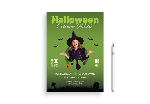Green Halloween Costume Party Flyer Design with DJ Music
