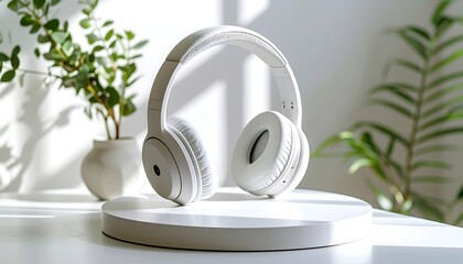 White headphones on a white pedestal