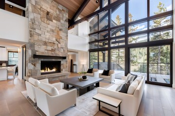 Modern living room with fireplace illuminating cozy interior design in luxurious mountain home