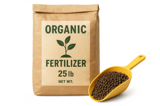 Organic fertilizer bag and scoop with pellets