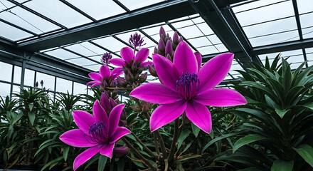 Vibrant Pink Flowers Blooming in a Modern Greenhouse