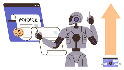 AI robot processing invoices on a screen, highlighting financial data and a coin. Upward arrow and secure wallet indicate growth, innovation, and safety. Ideal for automation, fintech, efficiency