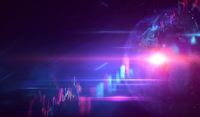 Fototapeta premium Futuristic digital earth with neon stock market graph, purple blue abstract finance data analysis visualization