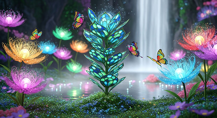 Vibrant Enchanted Waterfall Garden with Glowing Flora and Butterflies