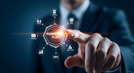 Fototapeta premium Man strategizes digital marketing plan with analytics, SEO, and PPC icons
