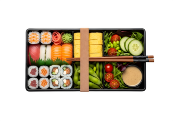 Overhead shot of a beautifully arranged sushi bento box isolated on transparent background, showcasing a variety of fresh sushi rolls, sashimi, and sides