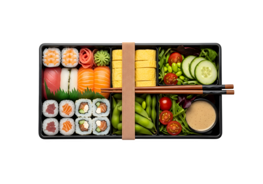 Overhead shot of a beautifully arranged sushi bento box isolated on transparent background, showcasing a variety of fresh sushi rolls, sashimi, and sides