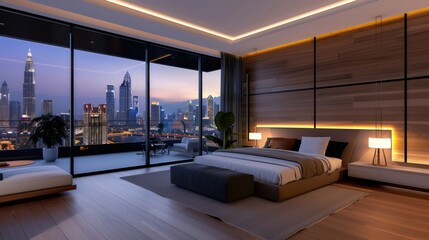 Naklejka premium Modern bedroom overlooking Kuala Lumpur skyline at sunset