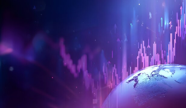Futuristic digital earth with neon stock market graph, purple blue abstract finance data analysis visualization

