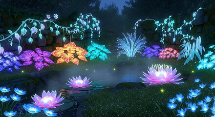 Enchanted Glowing Garden at Night