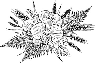 Elegant orchid and fern bouquet with wheat accents for sophisticated botanical design projects