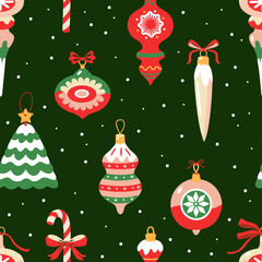 Christmas seamless pattern with vintage ornament. Holiday background in trendy retro style for wallpaper, gift paper, fabric, seasonal decoration