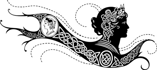 Elegant Celtic knotwork adorns regal profile with ancient cameo, evoking timeless beauty and heritage © Vectors Studio