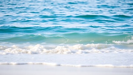 Calm blue ocean waves gently rolling onto a white sandy beach, evoking tropical serenity.