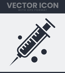 Medical syringe vector icon with fluid drops