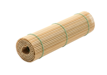 Rolled bamboo sushi mat with green string isolated on transparent background, a traditional tool for making sushi rolls in japanese cuisine