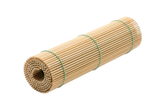 Rolled bamboo sushi mat with green string isolated on transparent background, a traditional tool for making sushi rolls in japanese cuisine