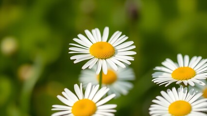 Obraz premium Close-up of fresh daisies with a soft green backdrop, natural light enhancing their delicate beauty.