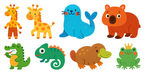 Naklejka premium PNG Colorful cartoon animal illustrations, element set on transparent background