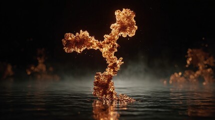 submicroscopic. A single, complex, glowing molecule emerges from a dark, primordial aqueous solution, symbolizing the spark of life. STEM education sheets.