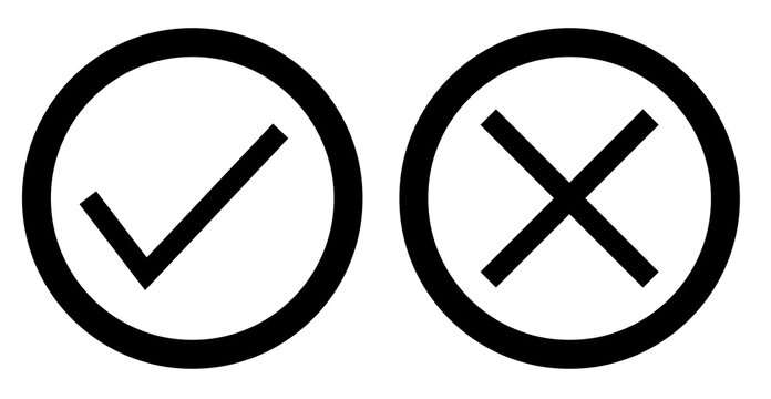 Set of black checkmark, black cross, x mark icon, flat rounded right and wrong sign concept vector illustration. tick mark symbol and x cross icon.