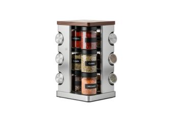 Rotating spice rack isolated on transparent background, a kitchen essential for organizing and displaying a variety of spices in a compact and stylish way