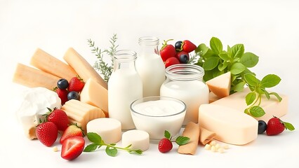 Assortment of fresh dairy products, beautifully arranged for a wholesome and appetizing display.