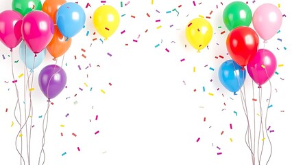 Colorful balloons and confetti float against a clean white background, creating a festive celebration atmosphere.