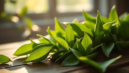 Close-up of fresh green tea leaves on wood with morning sunlight and soft bokeh effect.