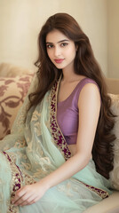 Fototapeta premium Elegant Serenity: A full-body, photorealistic fashion portrait of a young South Asian woman with light beige skin and long, dark brown wavy hair