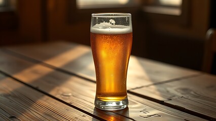 Frosted beer glass on a rustic table with golden liquid and condensation.