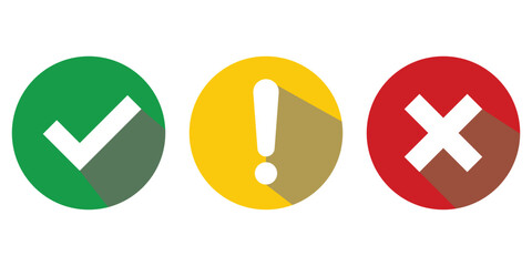 Obraz premium Set of flat round check mark, exclamation point, X mark icons, buttons isolated on a white background. EPS10 vector file