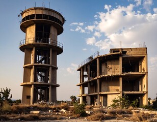 Abandoned concrete structures under a partly cloudy sky