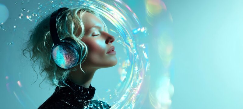Futuristic Woman Wearing Holographic Chameleon Wireless Headphones, Eyes Closed and Smiling, Surrounded by Sound Particles and Energy Ripples in Minimal White Space with Iridescent Reflections