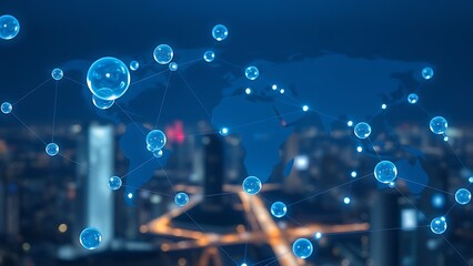 Floating translucent spheres connected by glowing lines, symbolizing global business networks.