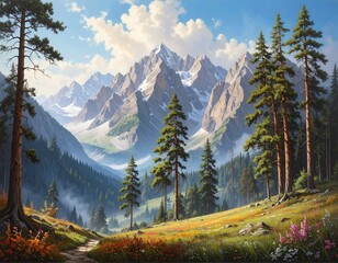 A sun-drenched mountain valley, dotted with wildflowers and towering pines, reveals a scenic path winding through a landscape painted with light and shadow.