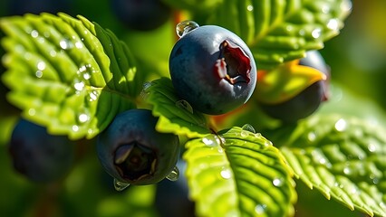 Close-up of vibrant blueberry leaves glistening with morning dew under natural sunlight.
