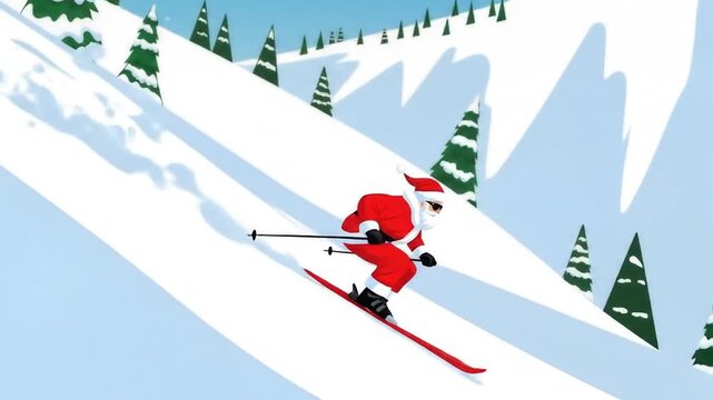 Santa claus skis down snowy mountain christmas winter sport