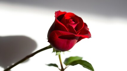 A single red rose in full bloom stands isolated with dramatic lighting.